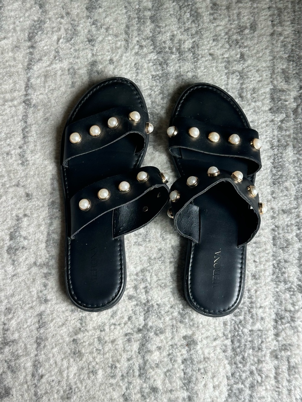 Black Pearl-Embellished Slide Sandals, Women’s Size 6